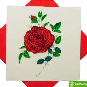 Rose Flower Quilling Greeting Card - Unikalna, poświęcona ręcznie robiona/sercowa sztuka. Projekt karty okolicznościowej na każdą okazję autorstwa GREENHANDSHAKE