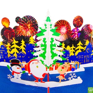 Papá Noel, Muñeco de nieve, Reno bailando, Tarjeta emergente, Tarjetas de felicitación emergentes 3D - Arte único dedicado hecho a mano / hecho a mano