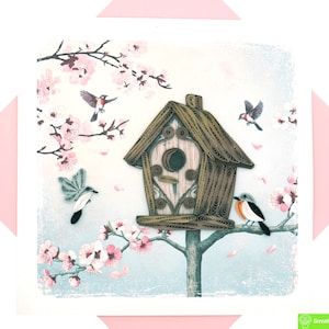 Biglietto d'auguri "The Birdhouse Gathering" con quilling - Arte unica e dedicata, realizzata a mano. Biglietto d'auguri di design per ogni occasione, realizzato da GREENHANDSHAKE.