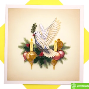 Tarjeta de felicitación navideña con diseño de paloma y vela en filigrana. Diseño exclusivo, hecho a mano o con el corazón. Tarjeta de felicitación para cualquier ocasión.