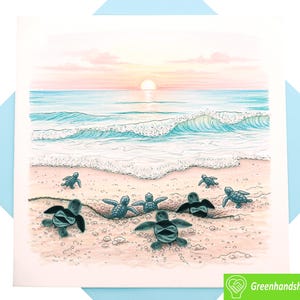 Op de afbeelding: Een aquarel illustratie van babyschildpadden die uit het zand tevoorschijn komen richting de oceaan bij zonsondergang. Het kunstwerk toont een zandstrand, oceaangolven en een kleurrijke lucht. De afbeelding staat op een witte kaart met een lichtblauwe envelop.