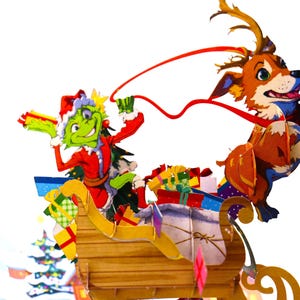 Viaje navideño de Grinch, tarjeta emergente, tarjetas de felicitación emergentes en 3D: arte exclusivo, hecho a mano o con el corazón