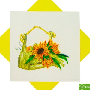 Cesto con girasoli Biglietto d'auguri quilling - Arte dedicata fatta a mano/cuore unica. Biglietto d'auguri di design per tutte le occasioni