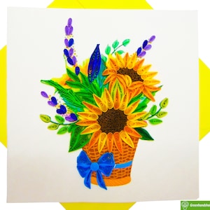 Cesto di girasoli Quilling biglietto d'auguri - Arte unica dedicata fatta a mano/con il cuore. Progetta un biglietto d'auguri per tutte le occasioni di GREENHANDSHAKE