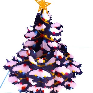 Árbol de Navidad festivo con luces brillantes, tarjeta emergente, tarjetas de felicitación emergentes en 3D: arte exclusivo hecho a mano o con el corazón