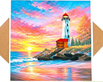 Sunset Lighthouse Quilling Card: Handmade Art Greeting Card