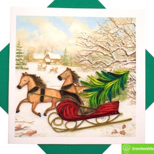 Giro in slitta con biglietto di auguri quilling sull'albero - Biglietto di auguri unico dedicato fatto a mano/con il cuore. Progetta un biglietto di auguri per tutte le occasioni