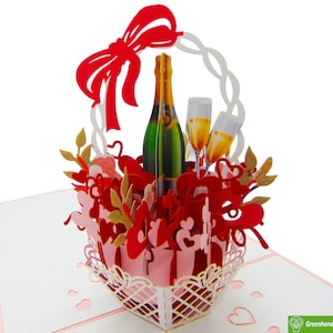 Bloemstuk met champagne, pop-upkaart, 3D pop-upwenskaart, unieke toegewijde handgemaakte kunst. Ontwerpwenskaart voor alle gelegenheden