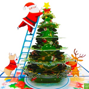 Père Noël décorant le sapin de Noël, carte pop-up, cartes de voeux pop-up 3D - art unique dédié fait main/fait main
