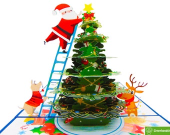 Père Noël décorant le sapin de Noël, carte pop-up, cartes de voeux pop-up 3D - art unique dédié fait main/fait main