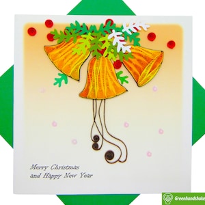 Biglietto d'auguri quilling con campane di Natale dorate, unico dedicato fatto a mano/fatto a cuore. Biglietto d'auguri di design per tutte le occasioni