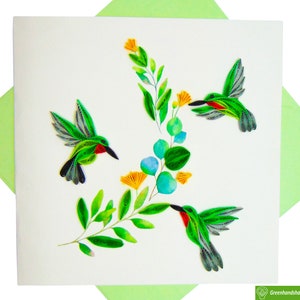 Cartão de felicitações Humming Birds Quilling - Arte exclusiva dedicada à mão/feita com coração. Design de cartão comemorativo para todas as ocasiões