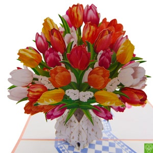 Buquê de tulipas arco-íris, cartão pop-up, cartões pop-up 3D - arte exclusiva dedicada à mão/feita com coração. Design de cartão comemorativo para todas as ocasiões