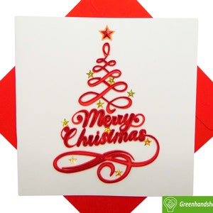 Weihnachtsbaum mit rotem Stern Quilling Grußkarte - Einzigartige Handgefertigte Kunst. Design Grußkarte für jede Gelegenheit