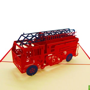 Camión de bomberos, tarjeta emergente, tarjetas de felicitación emergentes en 3D: arte único dedicado hecho a mano / hecho a mano. Tarjeta de felicitación de diseño para toda ocasión.