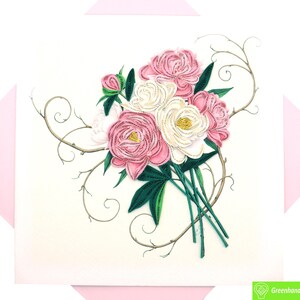 Peony Perfection, biglietto di auguri con quilling - Arte unica dedicata fatta a mano/con il cuore. Progetta biglietti di auguri per tutte le occasioni