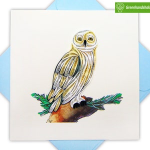 Biglietto d'auguri quilling con gufo delle nevi - Arte unica dedicata fatta a mano/fatta a cuore. Biglietto d'auguri di design per tutte le occasioni