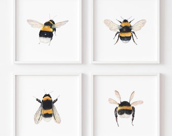 Juego de 4 láminas con motivos de abejas. Arte mural de abejorros en acuarela. Láminas cuadradas de abejas melíferas. (Descarga digital)