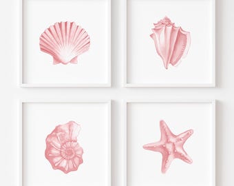 Pink shells print set of 4. Watercolor coastal wall art. Girls nursery decor. Digital Download