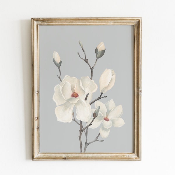 Watercolor magnolia wall art print. White magnolia flowers digital print. Neutral Floral printable wall decor. Beige grey magnolia painting