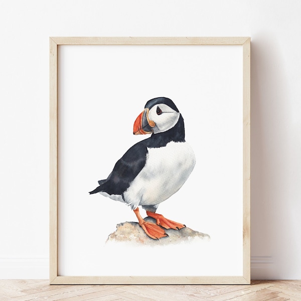 Atlantic puffin print. Ocean bird nursery print. Shore bird digital print. Coastal wall art. Watercolor sea bird poster. Bird printable art