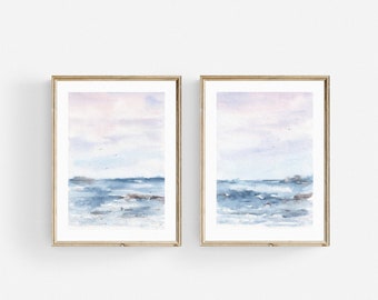 Pintura abstracta de paisaje marino. Conjunto de dos láminas artísticas en rosa y azul. Decoración costera imprimible para pared. Arte náutico en acuarela. Olas abstractas del océano.