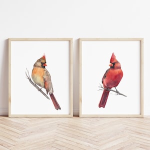 Rotes Kardinalpaar Wand-Kunstdruck 2er-Set. Aquarell Nordkardinalvögel. Druckbare Gartenvögel. Männliche und weibliche Kardinalmalerei.
