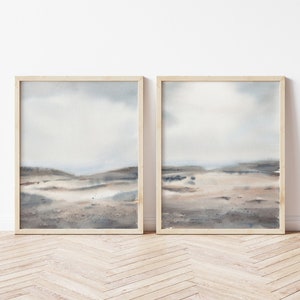Neutral sepia abstract landscape prints set of 2. Minimalist landscape painting. Modern misty landscape art. Brown aesthetic printable art.