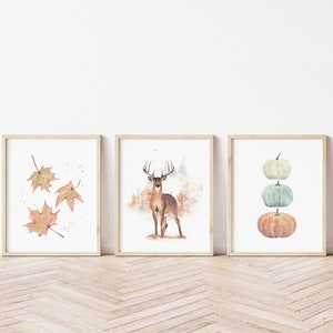 Herbst Kürbis Print 3er-Set. Herbst Ahornblätter Digitaldruck. Aquarell Hirschmalerei. Saisonaler rustikaler Bauernhausdekor. Herbstblatt Druck.