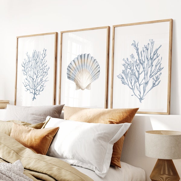 Neutral shell seaweeds prints set of 3. Blue algae printable wall art. Watercolor coastal prints. Nautical wall art. Beach cottage art print