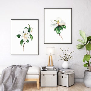 White magnolia watercolor prints set of 2. Magnolia wall art. Printable floral wall decor. White magnolia digital prints. White flowers art