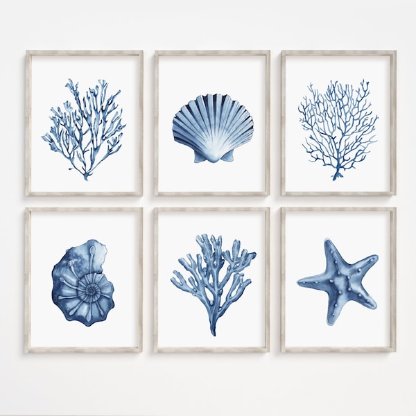 Blue shell prints set of 6. Navy algae, starfish printable wall art. Watercolor coastal prints. Nautical wall art. Beach cottage art prints