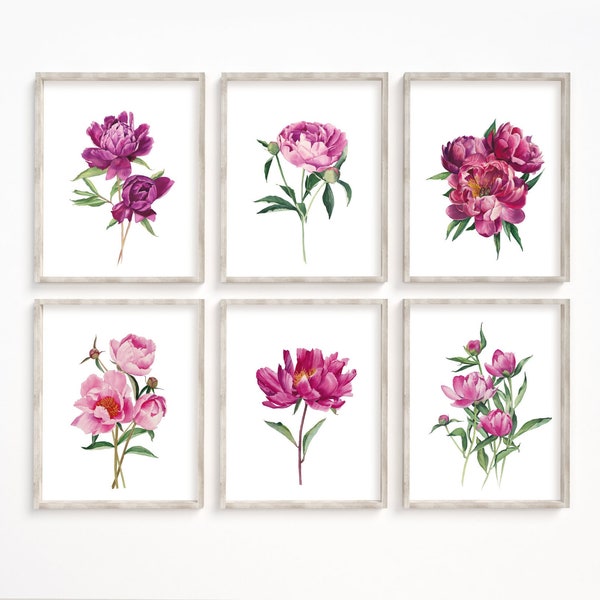 Peonies wall art print set of 6. Watercolor pink peony flowers gallery wall. Girls nursery room decor. Farmhouse hot pink floral wall art.