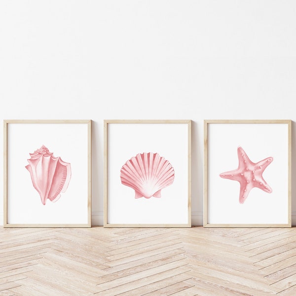 Pink seashells prints set of 3. Coastal printable wall art. Watercolor shell starfish digital prints. Blush pink beach house art.