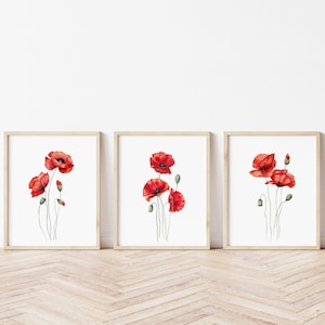 Juego de 3 impresiones de amapolas rojas. Arte de pared imprimible con flores silvestres en acuarela. Decoración de pared de estilo rústico. Pósteres de amapolas. Arte de pared con flores rojas.