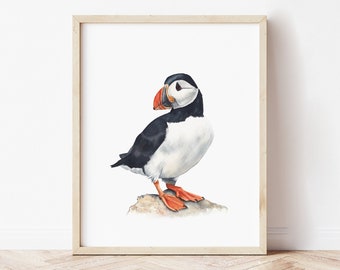 Atlantic puffin print. Ocean bird nursery print. Shore bird digital print. Coastal wall art. Watercolor sea bird poster. Bird printable art