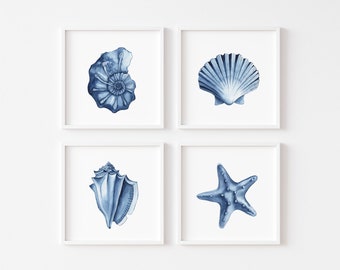 Blaue Muscheln Drucke Set von 4. Aquarell Küstenwandkunst. Leben im Meer Kunst Dekor