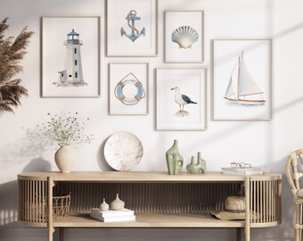 Juego de 6 láminas de arte náutico para pared. Velero de acuarela, ancla, faro, salvavidas y gaviota. Decoración de pared para habitación infantil. Arte marino.