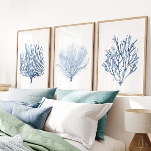 Blue coral prints set of 3. Watercolor seafans printable wall art. Ocean prints. Coastal wall art. Beach house art. Nautical wall decor.