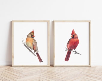 Red cardinal couple wall art print set of 2. Watercolor Northern cardinal birds. Printable Garden birds. Male and female cardinal painting.