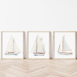 Sailboats print set of 3. Nautical printable wall art. Watercolor Sailing boats painting. Minimalist coastal wall art. Beach house decor.