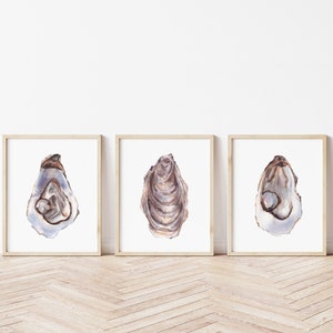 Oyster Shell art print set of 3. Watercolor oysters digital prints. Sea food wall art. Coastal printable wall decor. Mussels wall art.