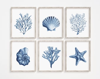 Blue shell prints set of 6. Navy algae, starfish printable wall art. Watercolor coastal prints. Nautical wall art. Beach cottage art prints