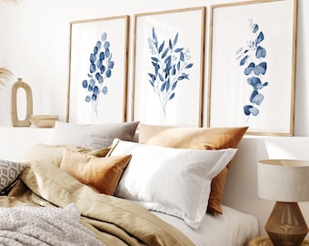 Juego de 3 láminas de eucalipto azul. Arte mural minimalista con motivos vegetales en acuarela. Póster de planta autóctona australiana. Descarga digital.