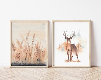 Neutral fall landscape art prints set of 2. Deer printable wall art. Dried grass print. Country Fall. Autumn leaves wall art. Cabin decor.