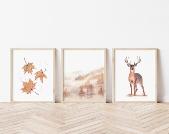 Fall leaves prints set of 3. Autumn misty landscape, deer digital prints. Rustic autumn landscape printable wall art. Farmhouse fall decor.