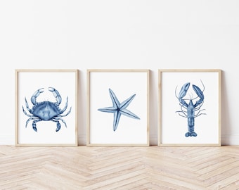 Watercolor sea creatures prints set of 3. Coastal printable wall art. Blue crab, lobster, starfish. Ocean life posters. Nautical wall decor