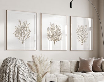 Sepia Korallen Drucke set von 3. Beige Aquarell Seefächer druckbare Wandkunst. Küsten Kunstdrucke. Neutrale Nautische Wandkunst. Boho-Strandkunst