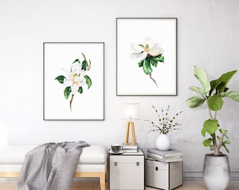 Conjunto de gravuras em aquarela de magnólia branca, arte floral para parede (download digital)