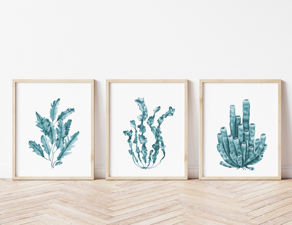 Teal Seaweeds Prints Set of 6. Turquoise Coastal Printable Wall Art ...